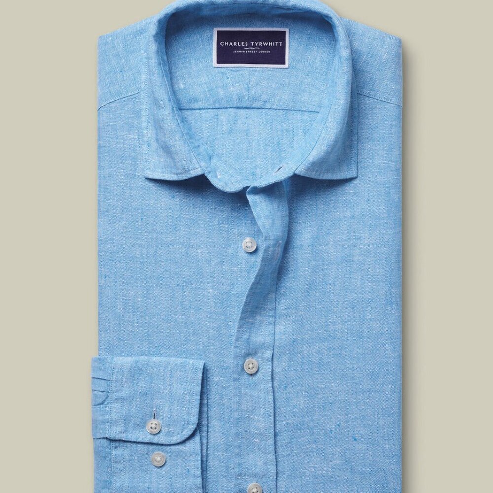 Charles Tyrwhitt Pure Linen Shirt - Ocean Blue - Picture 2 of 4